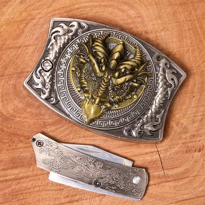 Cintura in pelle con coltello pieghevole nascosto fai da te a forma di drago dal becco affilato da uomo