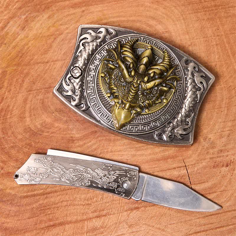Cintura in pelle con coltello pieghevole nascosto fai da te a forma di drago dal becco affilato da uomo
