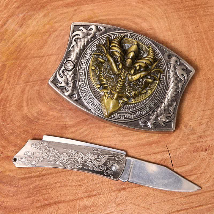 Cintura in pelle con coltello pieghevole nascosto fai da te a forma di drago dal becco affilato da uomo