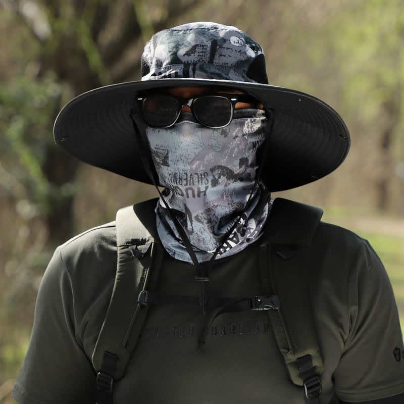 Cappello da pescatore a tesa larga con maschera mimetica da uomo, 2 pezzi