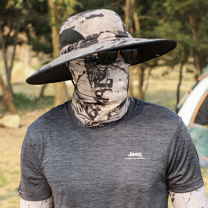 Cappello da pescatore a tesa larga con maschera mimetica da uomo, 2 pezzi