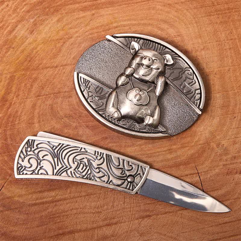 Cintura in pelle con coltello pieghevole nascosto fai da te a forma di maialino da uomo