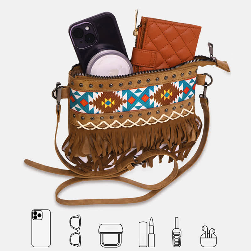 Borsa a tracolla da donna con frange azteche blu e motivo western