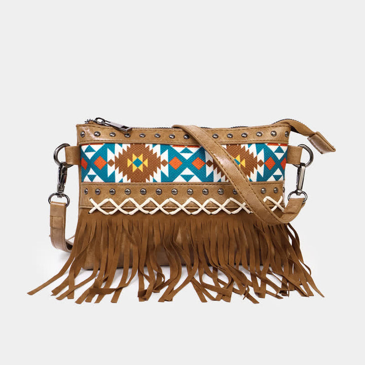 Borsa a tracolla da donna con frange azteche blu e motivo western - Marrone - image 0