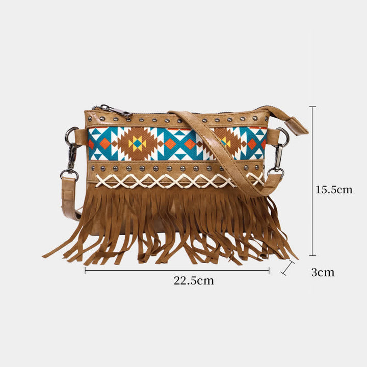 Borsa a tracolla da donna con frange azteche blu e motivo western