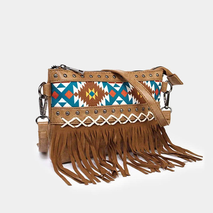 Borsa a tracolla da donna con frange azteche blu e motivo western