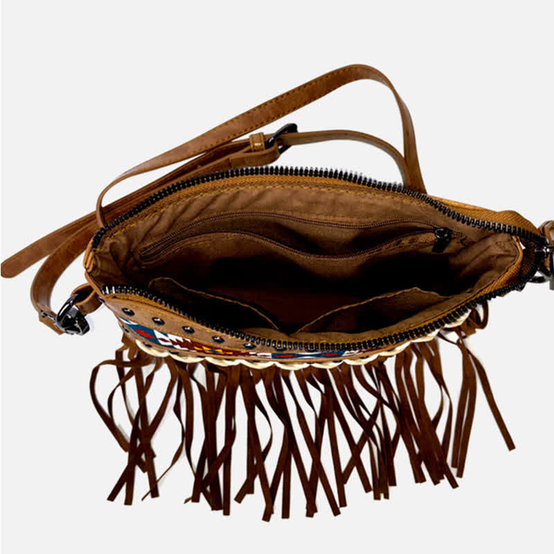 Borsa a tracolla da donna con frange azteche blu e motivo western