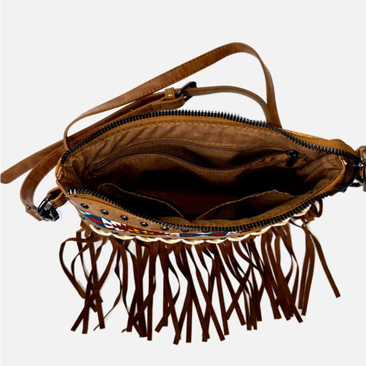 Borsa a tracolla da donna con frange azteche blu e motivo western