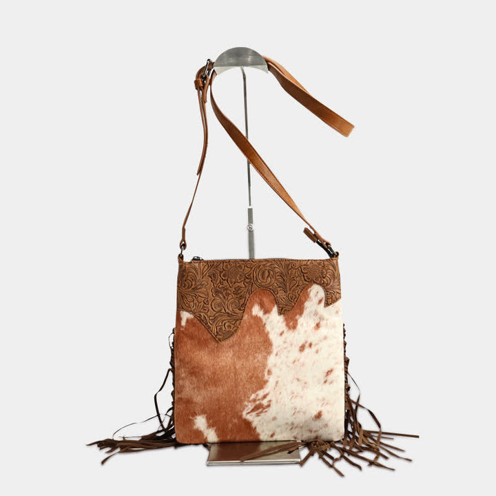 Borsa a tracolla con frange e stampa mucca bohémien da donna