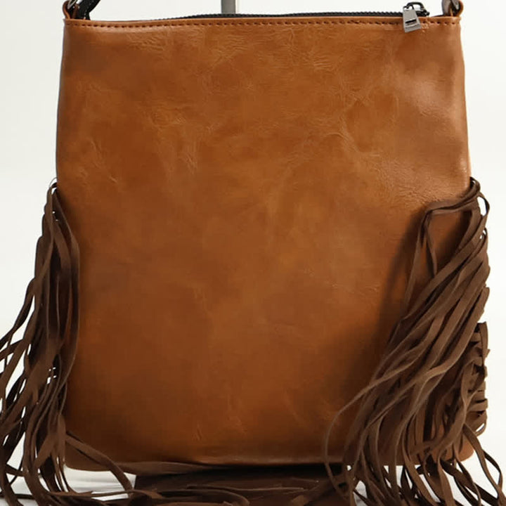 Borsa a tracolla con frange e stampa mucca bohémien da donna