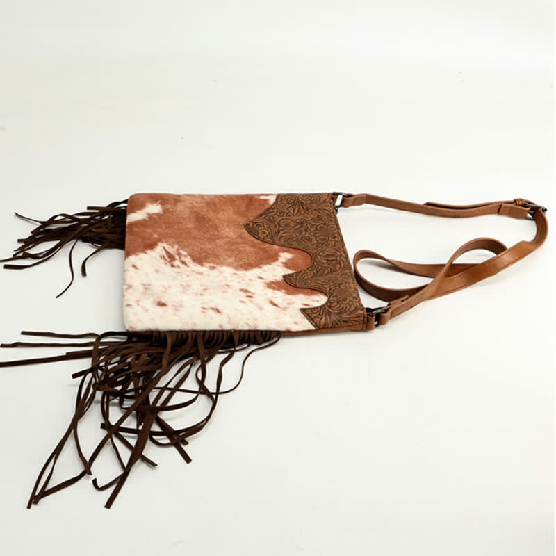 Borsa a tracolla con frange e stampa mucca bohémien da donna