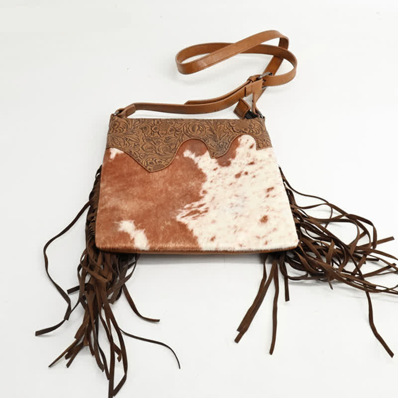 Borsa a tracolla con frange e stampa mucca bohémien da donna