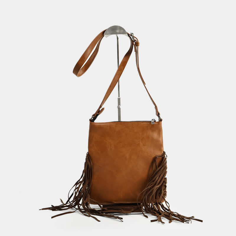 Borsa a tracolla con frange e stampa mucca bohémien da donna