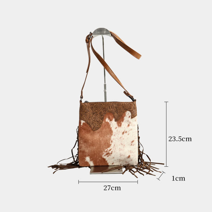 Borsa a tracolla con frange e stampa mucca bohémien da donna