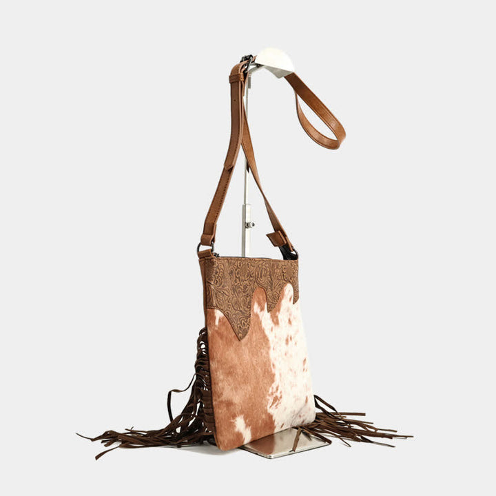 Borsa a tracolla con frange e stampa mucca bohémien da donna