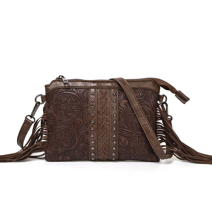 Borsa a tracolla con frange e motivo floreale boho inciso da donna