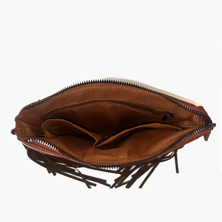 Borsa a tracolla con frange e motivo floreale boho inciso da donna