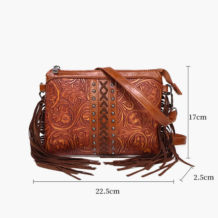 Borsa a tracolla con frange e motivo floreale boho inciso da donna