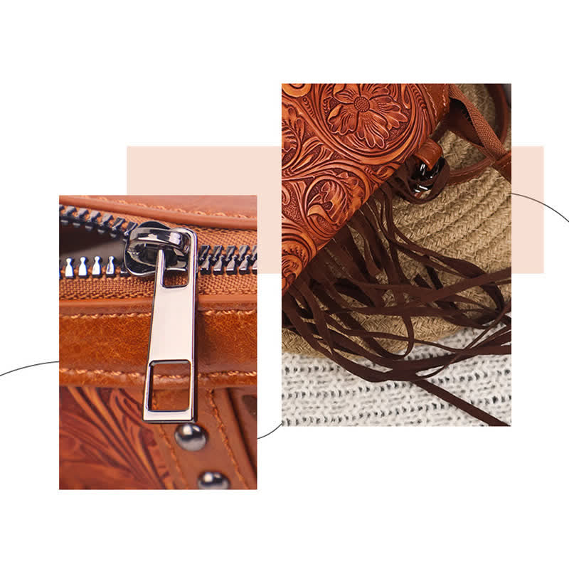 Borsa a tracolla con frange e motivo floreale boho inciso da donna