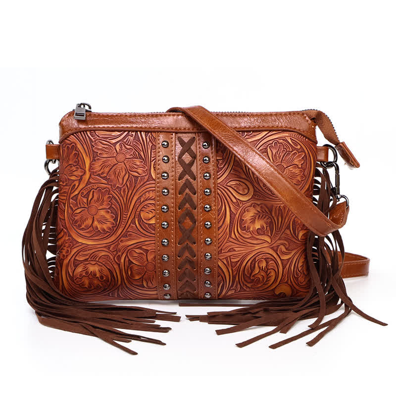 Borsa a tracolla con frange e motivo floreale boho inciso da donna - Marrone - image 0