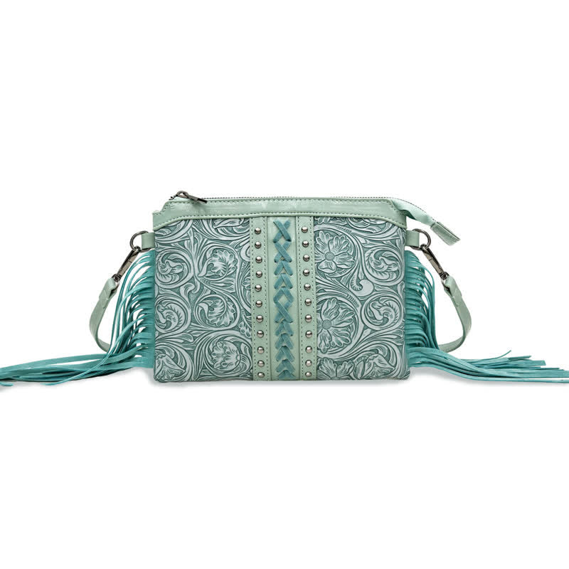 Borsa a tracolla con frange e motivo floreale boho inciso da donna