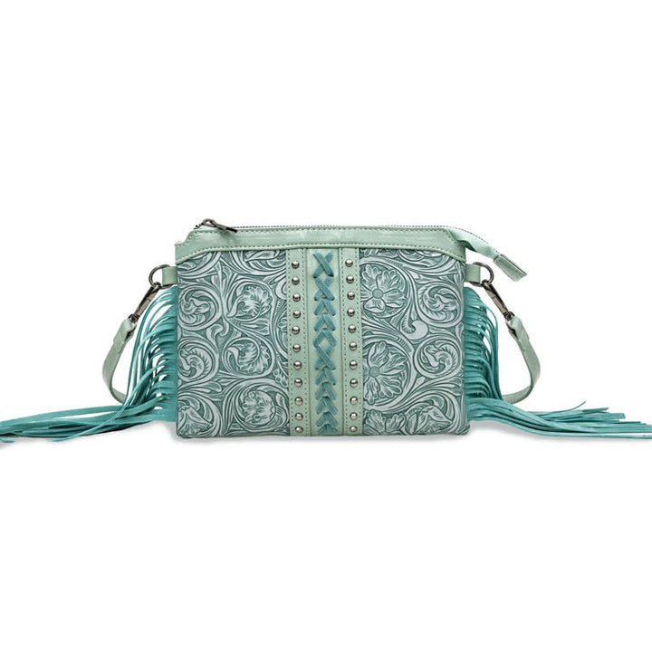 Borsa a tracolla con frange e motivo floreale boho inciso da donna