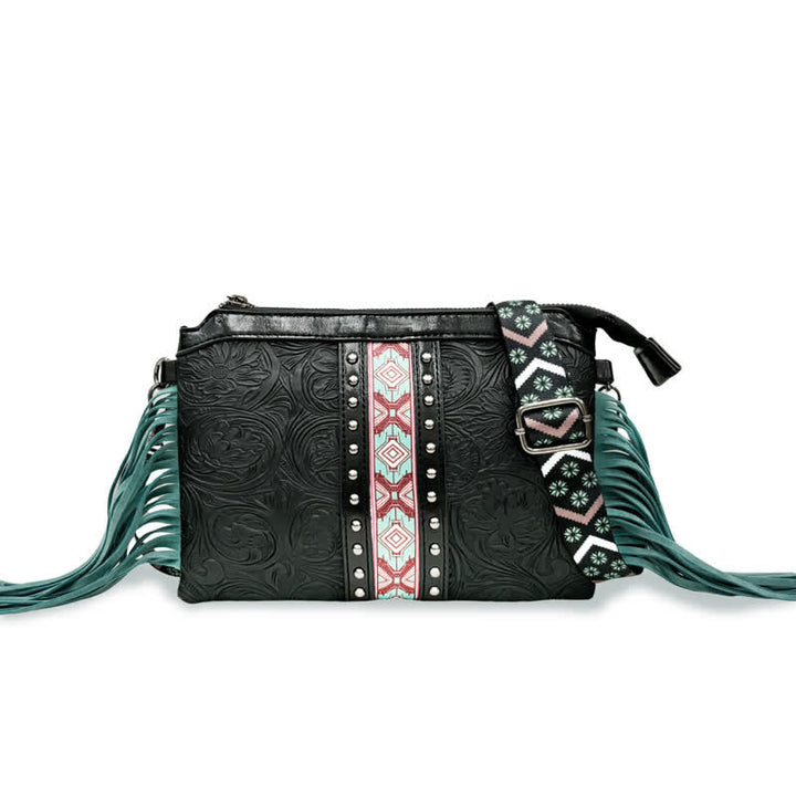 Borsa a tracolla con frange e motivo floreale boho inciso da donna