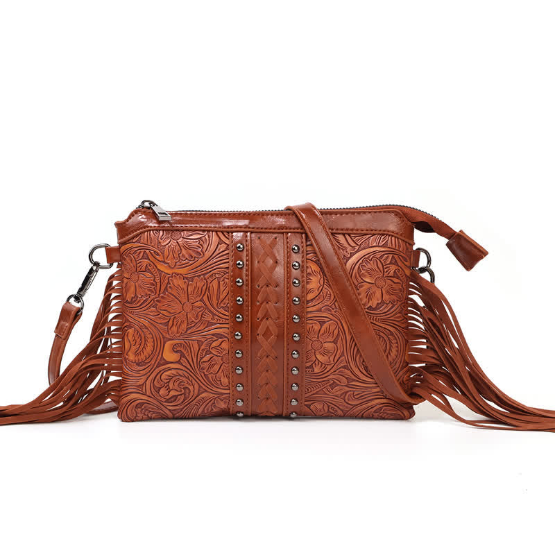 Borsa a tracolla con frange e motivo floreale boho inciso da donna