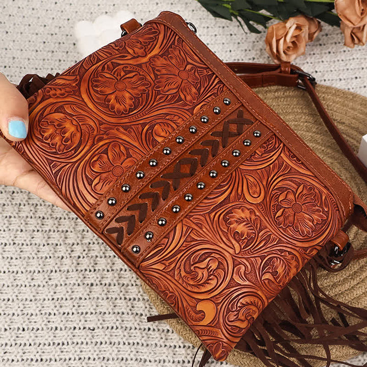Borsa a tracolla con frange e motivo floreale boho inciso da donna