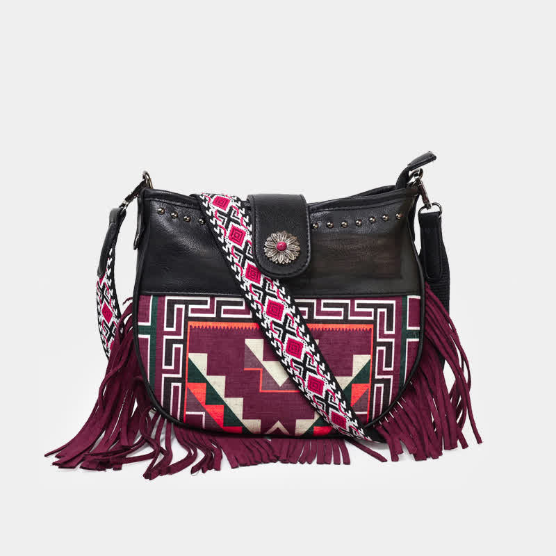 Borsa a tracolla con frange e motivi aztechi nativi da donna - Borgogna - image 0