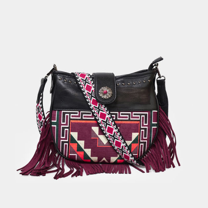 Borsa a tracolla con frange e motivi aztechi nativi da donna - Borgogna - image 0
