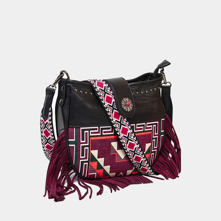 Borsa a tracolla con frange e motivi aztechi nativi da donna