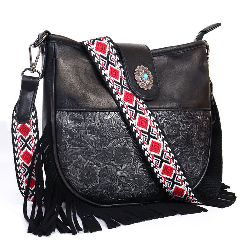 Borsa a tracolla con frange e motivi aztechi nativi da donna - Nero - image 6