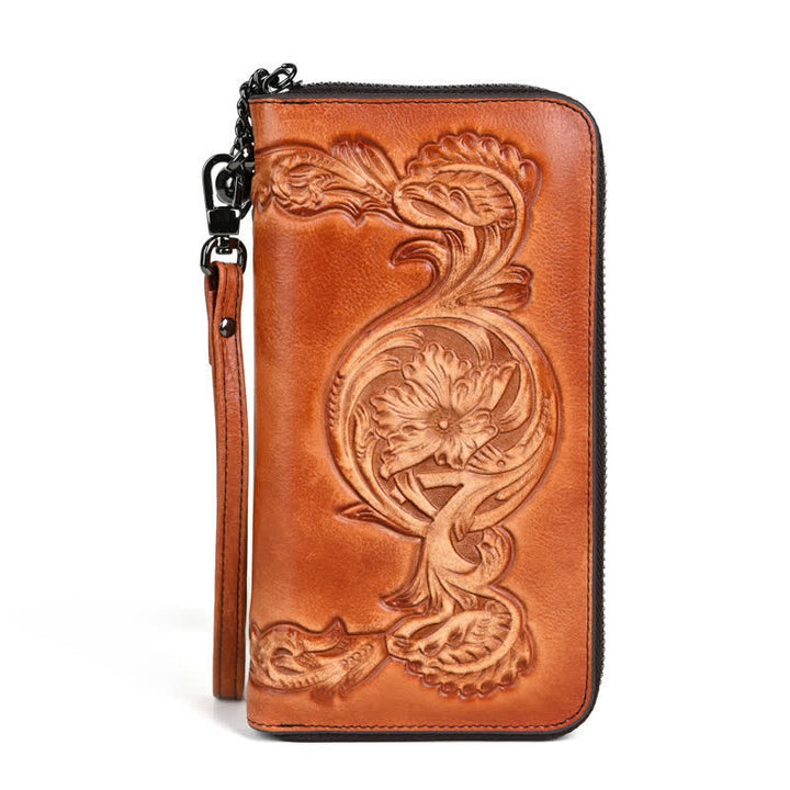 Portafoglio lungo in pelle floreale elegante da donna con cinturino da polso