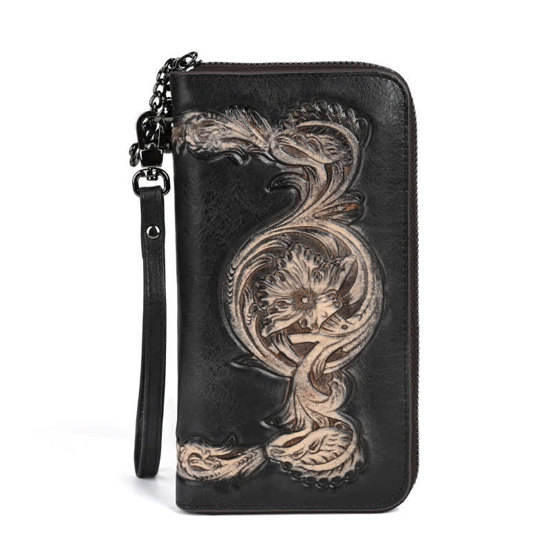 Portafoglio lungo in pelle floreale elegante da donna con cinturino da polso - Nero - image 9
