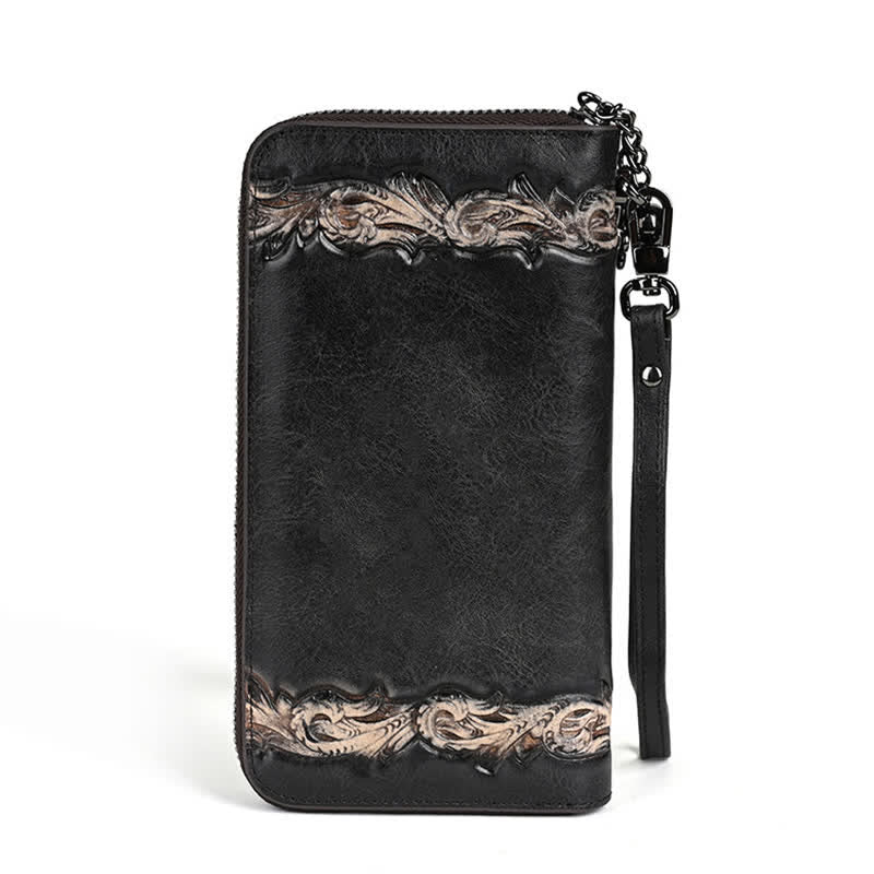 Portafoglio lungo in pelle floreale elegante da donna con cinturino da polso