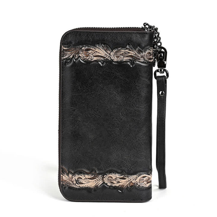 Portafoglio lungo in pelle floreale elegante da donna con cinturino da polso