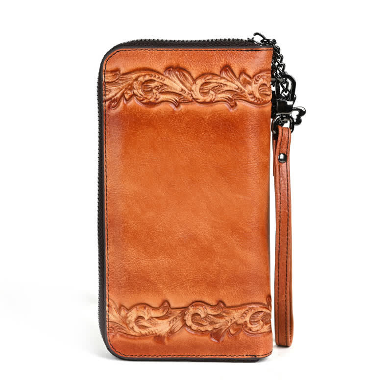 Portafoglio lungo in pelle floreale elegante da donna con cinturino da polso