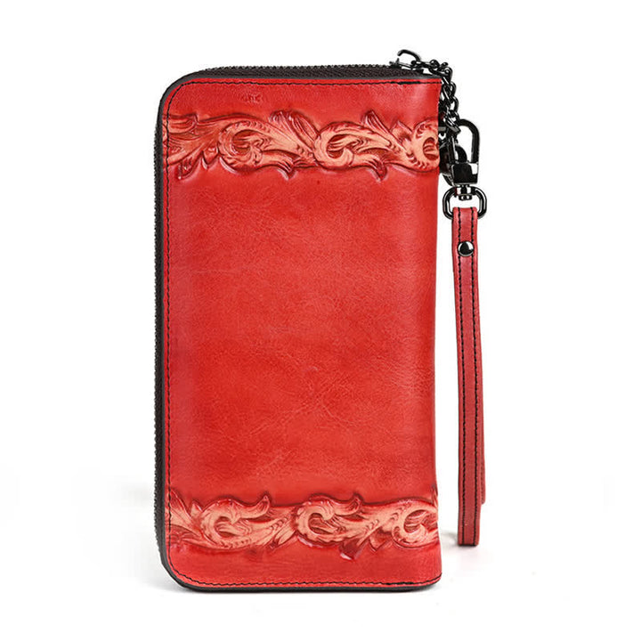 Portafoglio lungo in pelle floreale elegante da donna con cinturino da polso