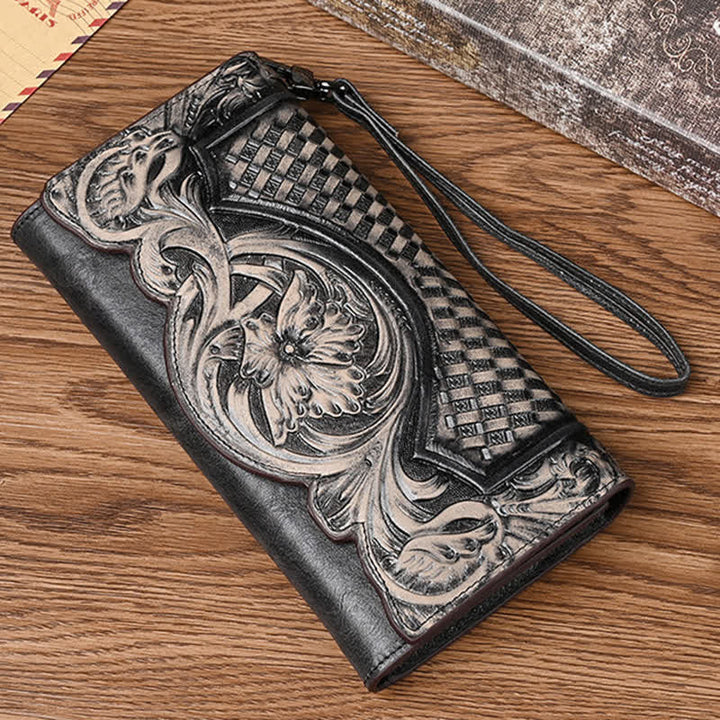 Portafoglio lungo da donna in pelle a tre pieghe con motivo floreale e cinturino da polso