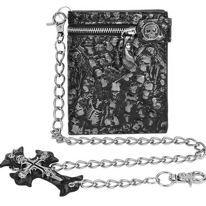 Portafoglio in pelle con teschio del dio della morte gotico nero con catena