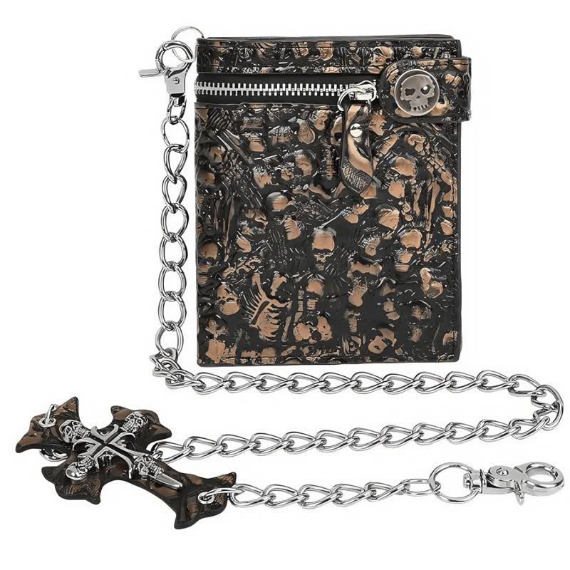 Portafoglio in pelle con teschio del dio della morte gotico nero con catena