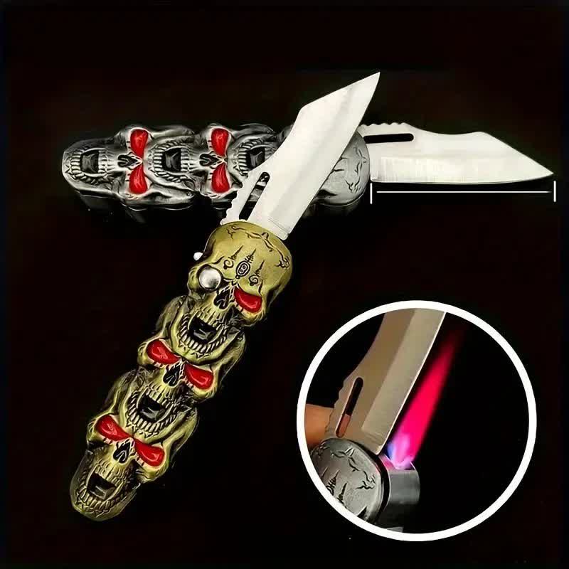 Accendino a butano ricaricabile con triplo teschio e coltello - image 1