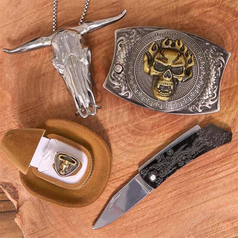 Set di anelli per teschio fai da te con fibbia per cintura, coltello nascosto e ciondolo a forma di corno di bue