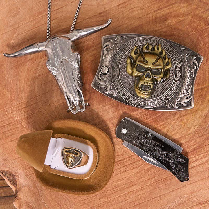 Set di anelli per teschio fai da te con fibbia per cintura, coltello nascosto e ciondolo a forma di corno di bue