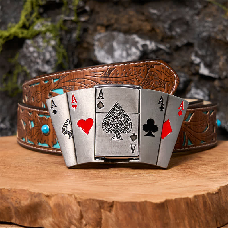 Cintura in pelle fai da te da uomo 4 Aces Poker con accendino nascosto - 4 assi - Cintura intagliata turchese - 42 - image 5