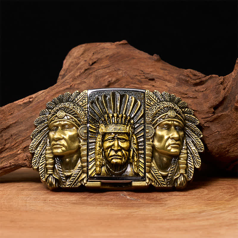 Cintura in pelle fai da te da uomo con testa di capo indiano e accendino nascosto - Bronzo - Senza cintura - Cintura non inclusa - image 0