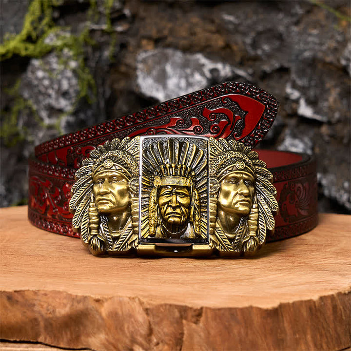 Cintura in pelle fai da te da uomo con testa di capo indiano e accendino nascosto - Bronzo - Cintura marrone intagliata - 42 - image 8