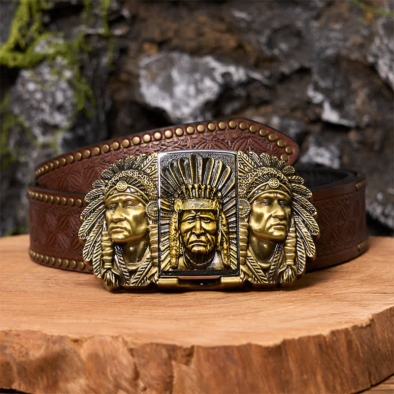 Cintura in pelle fai da te da uomo con testa di capo indiano e accendino nascosto - Bronzo - Cintura con rivetti marroni - 42 - image 6