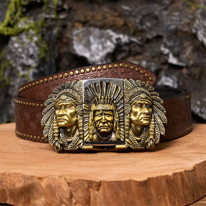 Cintura in pelle fai da te da uomo con testa di capo indiano e accendino nascosto - Bronzo - Cintura con rivetti marroni - 42 - image 6
